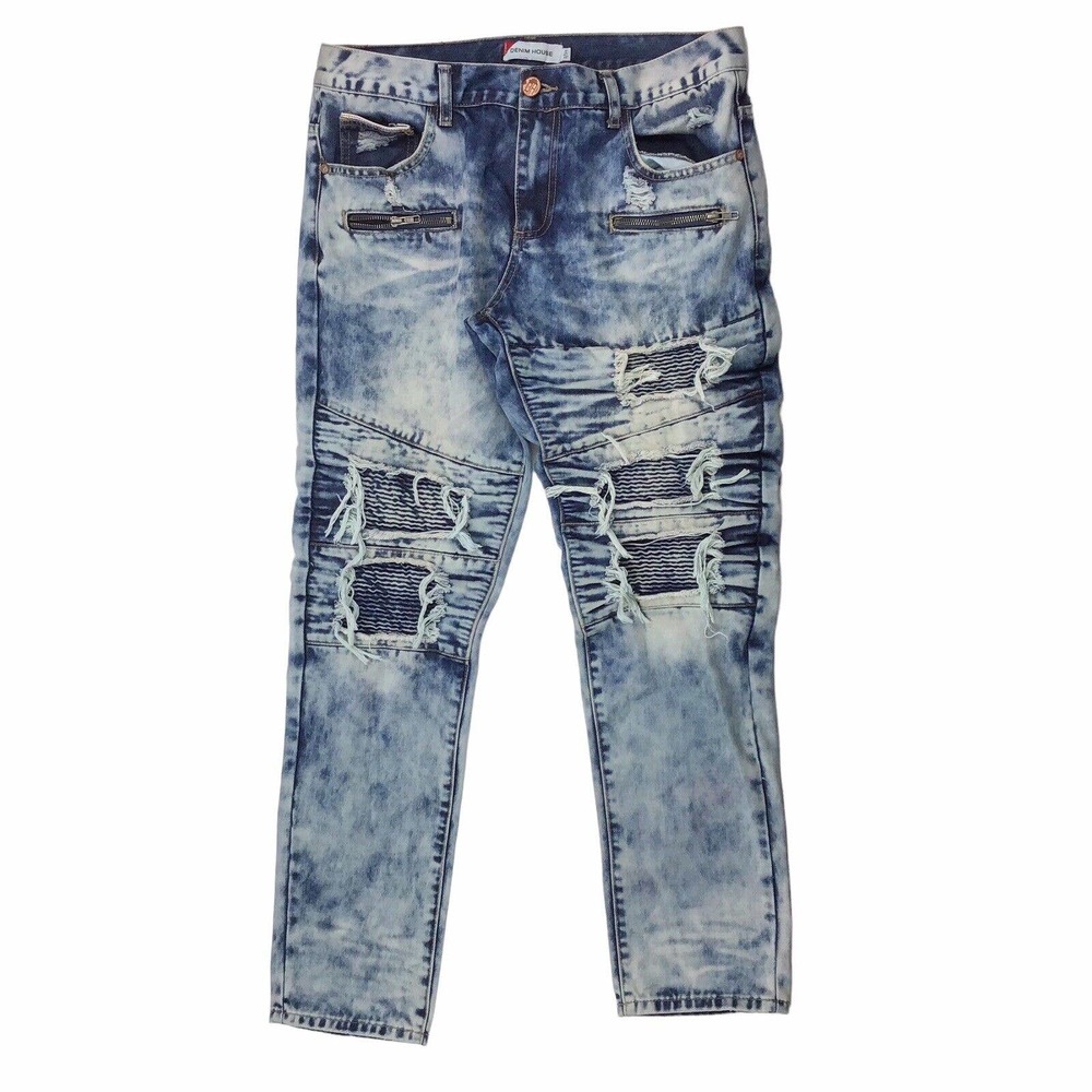 DENIM HOUSE Jean Men 34x32 Blue Moto Zipper Light Acid Wash Distressed Destroyed
